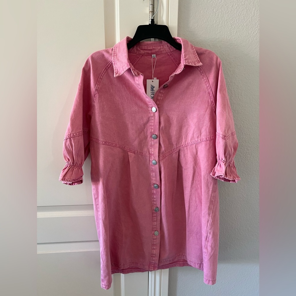 Pink denim short dress . NWT . XS
